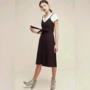 Anthropologie MOON RIVER York Midi Slip Linen Belted Black Dress W/ Pockets, M